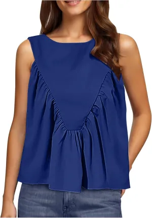 Womens Summer Pleated Peplum Tops Sleeveless Ruffle Tank Top Round Neck Y2K Babydoll Blouse Loose Fit Casual Shirt