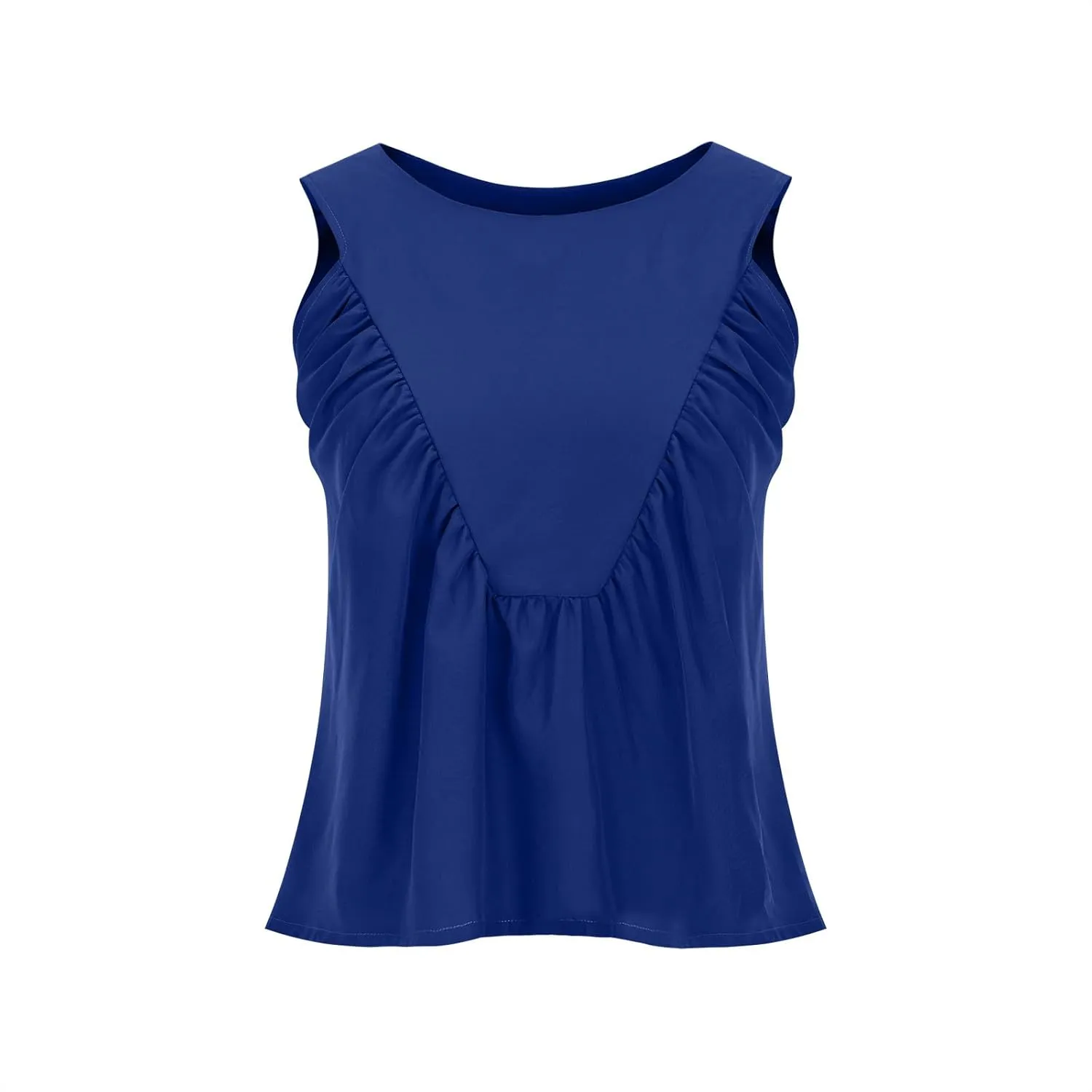 Womens Summer Pleated Peplum Tops Sleeveless Ruffle Tank Top Round Neck Y2K Babydoll Blouse Loose Fit Casual Shirt