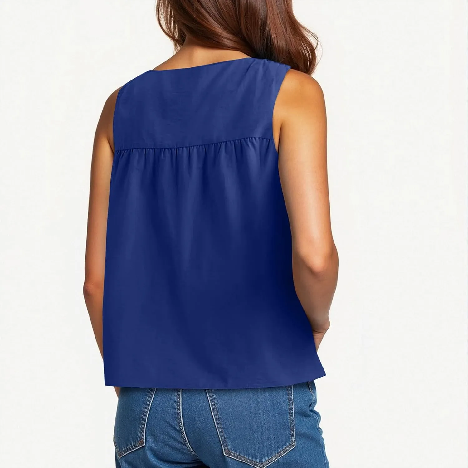 Womens Summer Pleated Peplum Tops Sleeveless Ruffle Tank Top Round Neck Y2K Babydoll Blouse Loose Fit Casual Shirt