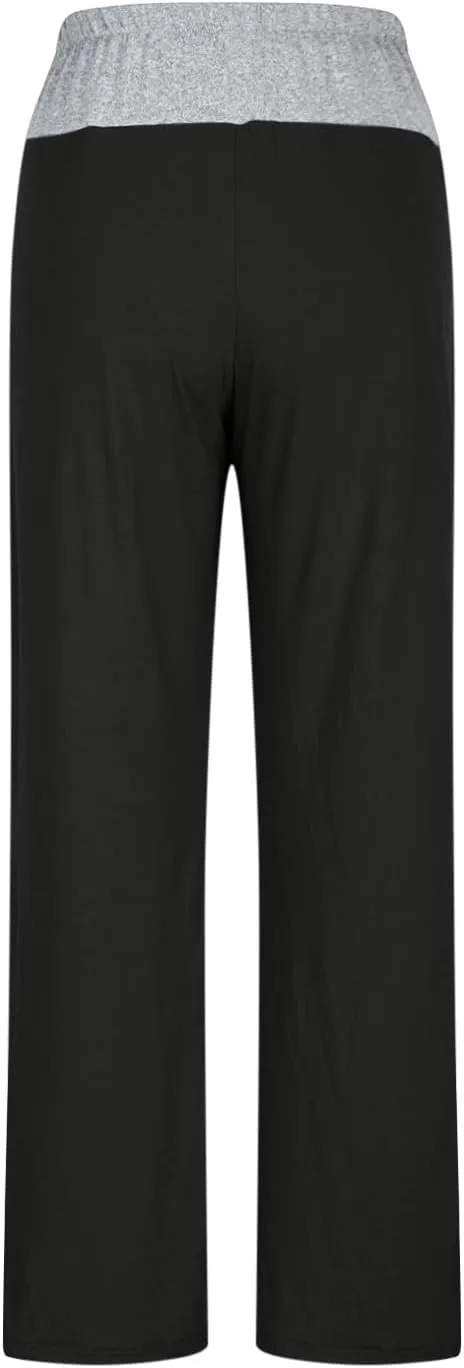 Womens Summer Sporting Pants Color Blocked Elastic Waisted Straight Leg Loose Breathable Lounge Trousers with Pockets
