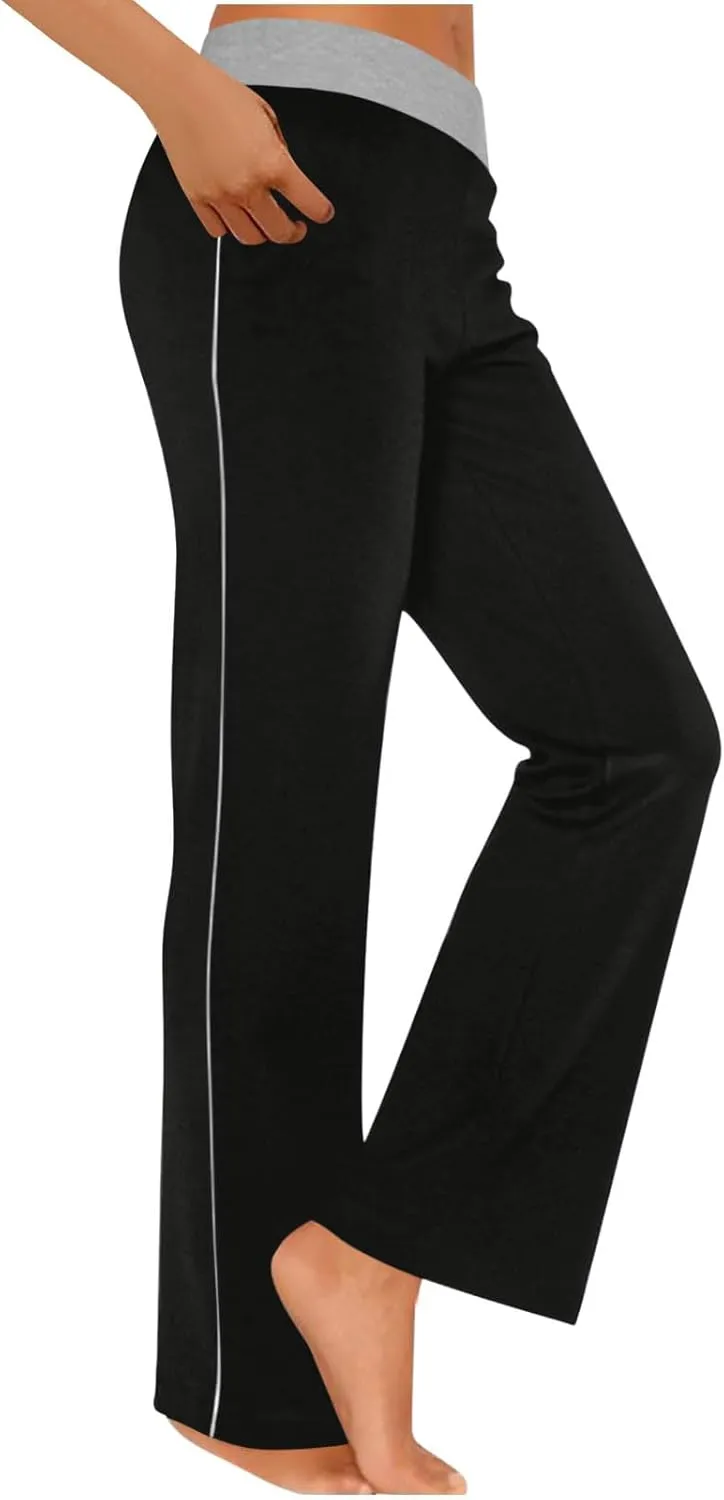 Womens Summer Sporting Pants Color Blocked Elastic Waisted Straight Leg Loose Breathable Lounge Trousers with Pockets