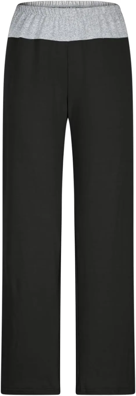 Womens Summer Sporting Pants Color Blocked Elastic Waisted Straight Leg Loose Breathable Lounge Trousers with Pockets