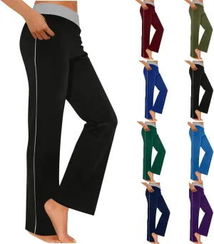 Womens Summer Sporting Pants Color Blocked Elastic Waisted Straight Leg Loose Breathable Lounge Trousers with Pockets