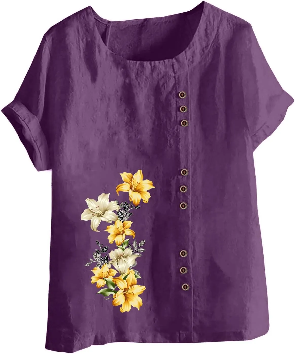 Womens Summer Tops Cotton Blend Crew Neck Short Sleeve Basic Tunic Tee Dandelion Print Vintage Shirts Top Blouse