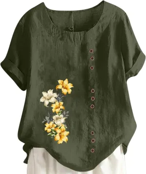 Womens Summer Tops Cotton Blend Crew Neck Short Sleeve Basic Tunic Tee Dandelion Print Vintage Shirts Top Blouse