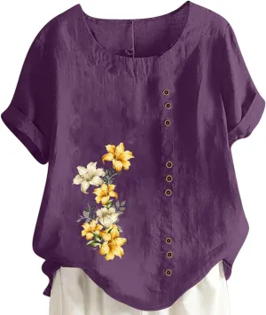 Womens Summer Tops Cotton Blend Crew Neck Short Sleeve Basic Tunic Tee Dandelion Print Vintage Shirts Top Blouse