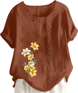 Womens Summer Tops Cotton Blend Crew Neck Short Sleeve Basic Tunic Tee Dandelion Print Vintage Shirts Top Blouse