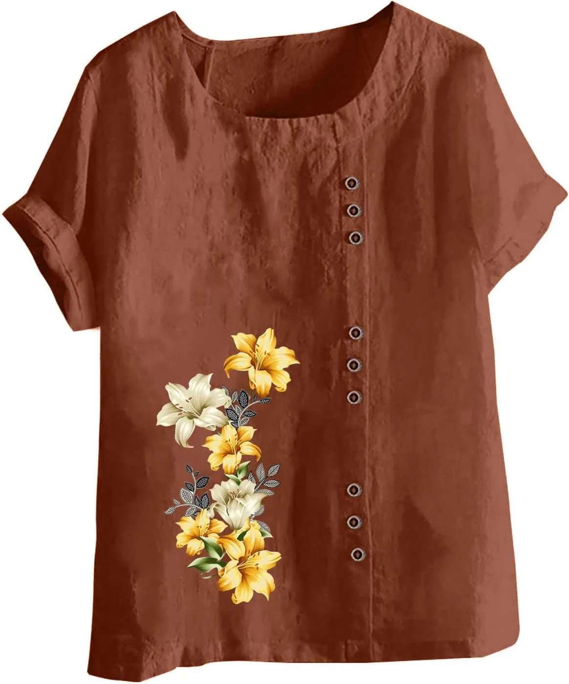 Womens Summer Tops Cotton Blend Crew Neck Short Sleeve Basic Tunic Tee Dandelion Print Vintage Shirts Top Blouse