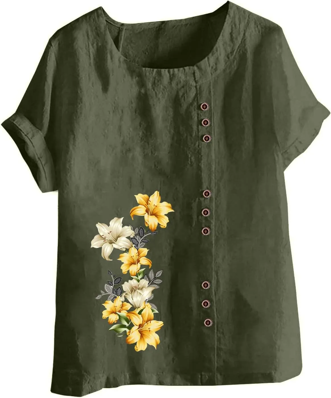 Womens Summer Tops Cotton Blend Crew Neck Short Sleeve Basic Tunic Tee Dandelion Print Vintage Shirts Top Blouse