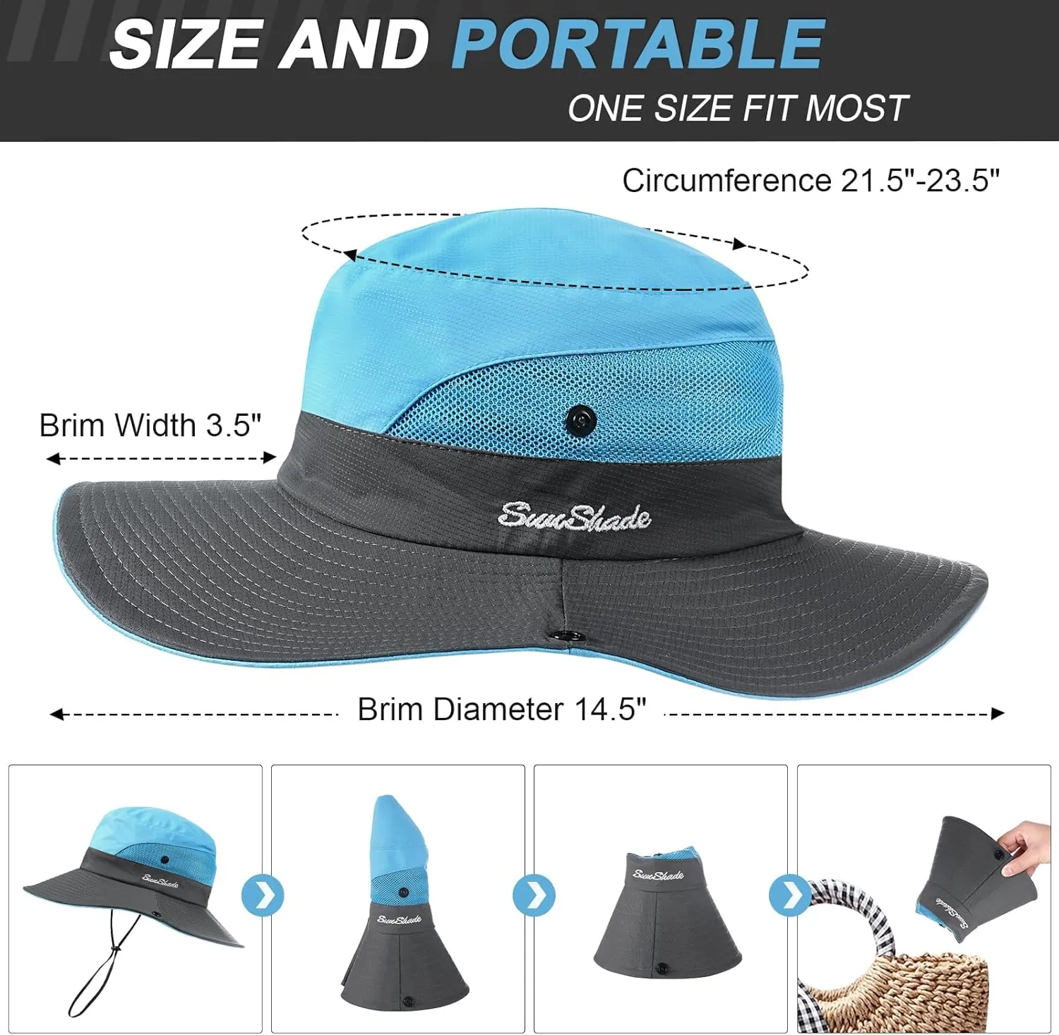 Womens Sun Hat - Sun Hats for Women with Ponytail Hole, Foldable Wide Brim Cooling Mesh Beach Fishing Hat for Outdoor