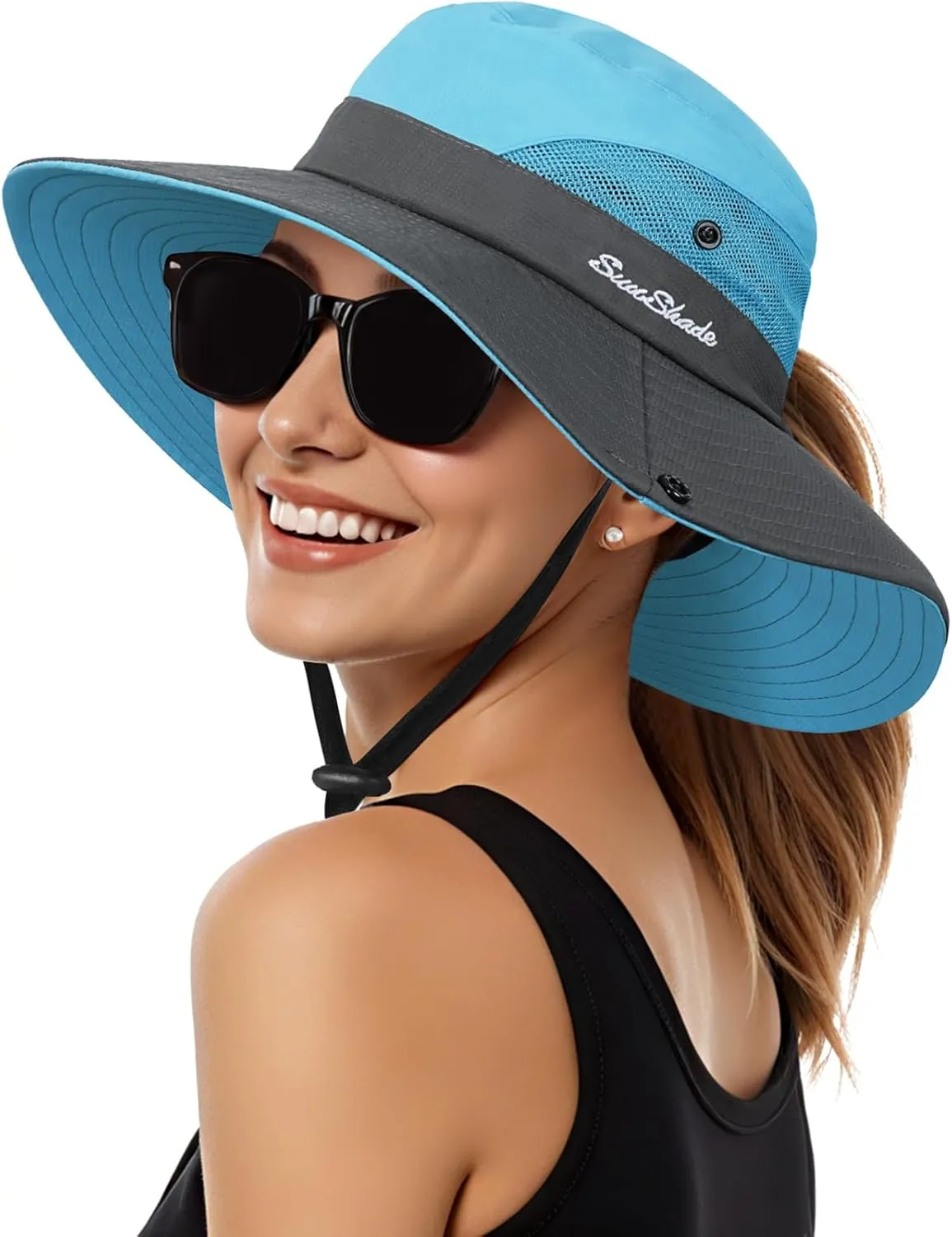 Womens Sun Hat - Sun Hats for Women with Ponytail Hole, Foldable Wide Brim Cooling Mesh Beach Fishing Hat for Outdoor