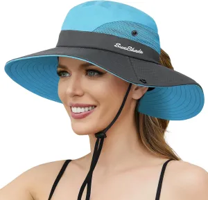 Womens Sun Hat - Sun Hats for Women with Ponytail Hole, Foldable Wide Brim Cooling Mesh Beach Fishing Hat for Outdoor
