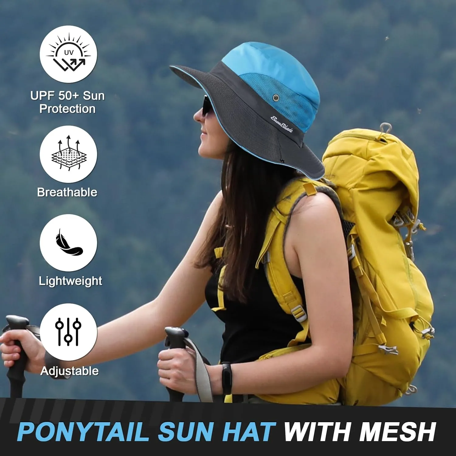 Womens Sun Hat - Sun Hats for Women with Ponytail Hole, Foldable Wide Brim Cooling Mesh Beach Fishing Hat for Outdoor