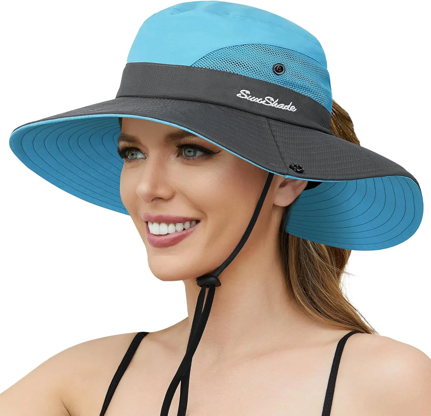 Womens Sun Hat - Sun Hats for Women with Ponytail Hole, Foldable Wide Brim Cooling Mesh Beach Fishing Hat for Outdoor