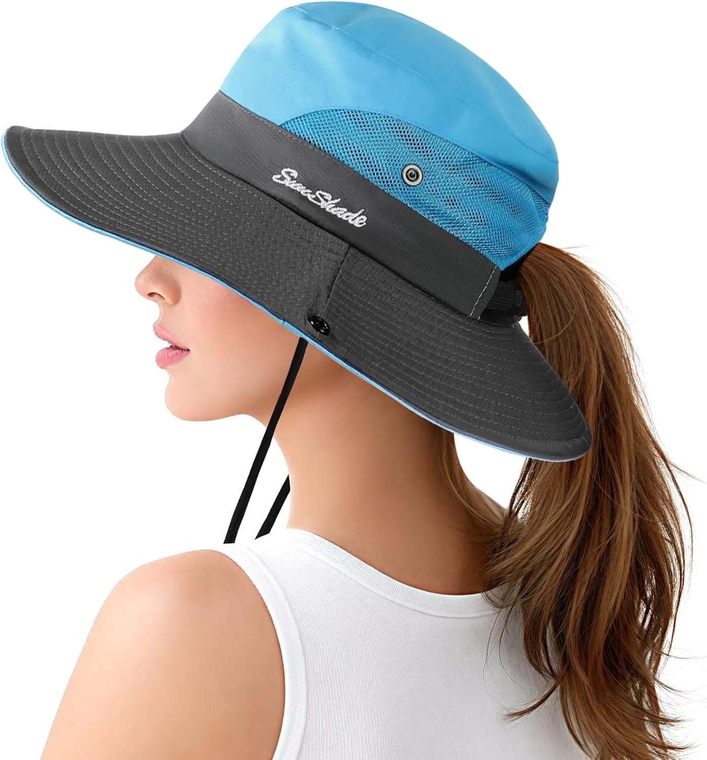 Womens Sun Hat - Sun Hats for Women with Ponytail Hole, Foldable Wide Brim Cooling Mesh Beach Fishing Hat for Outdoor
