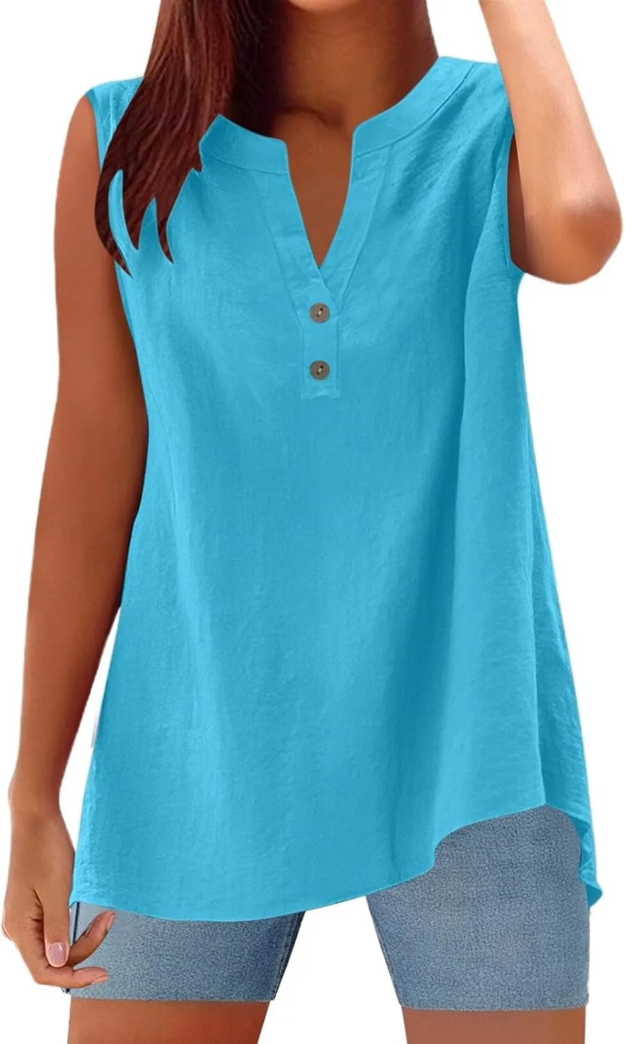 Women's Trendy Button-Down Linen Tunic Tank Tops Cotton Blend Casual Loose V-Neck Camisole for Yoga/Resort Wear