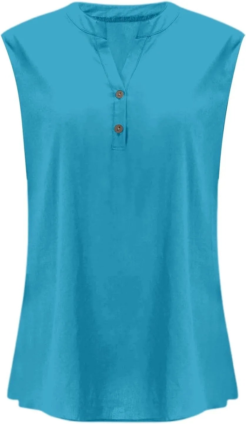 Women's Trendy Button-Down Linen Tunic Tank Tops Cotton Blend Casual Loose V-Neck Camisole for Yoga/Resort Wear