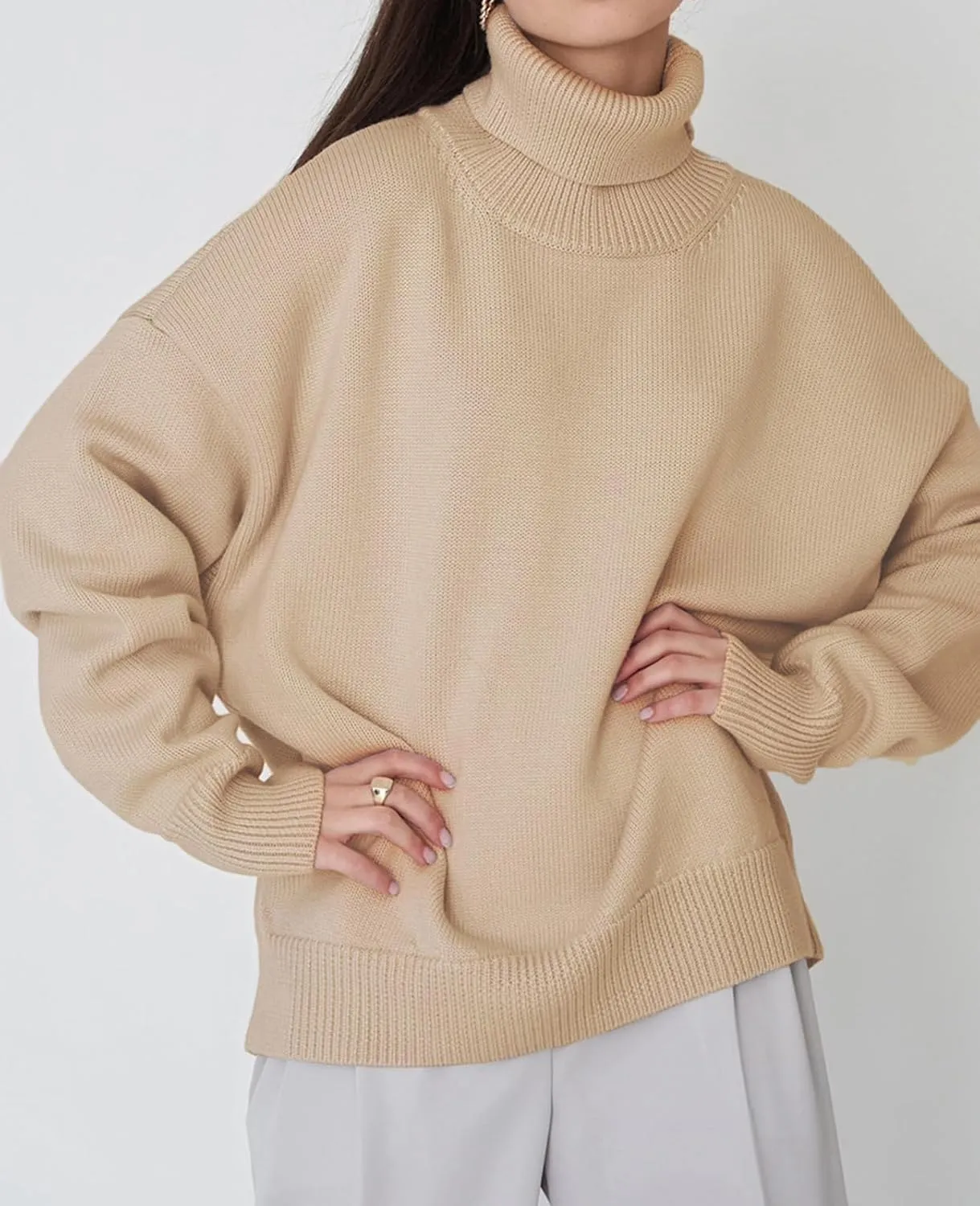 Women's Turtleneck Oversized Sweaters Long Sleeve Soft Knit Pullover Winter Solid Sweater Loose Tops