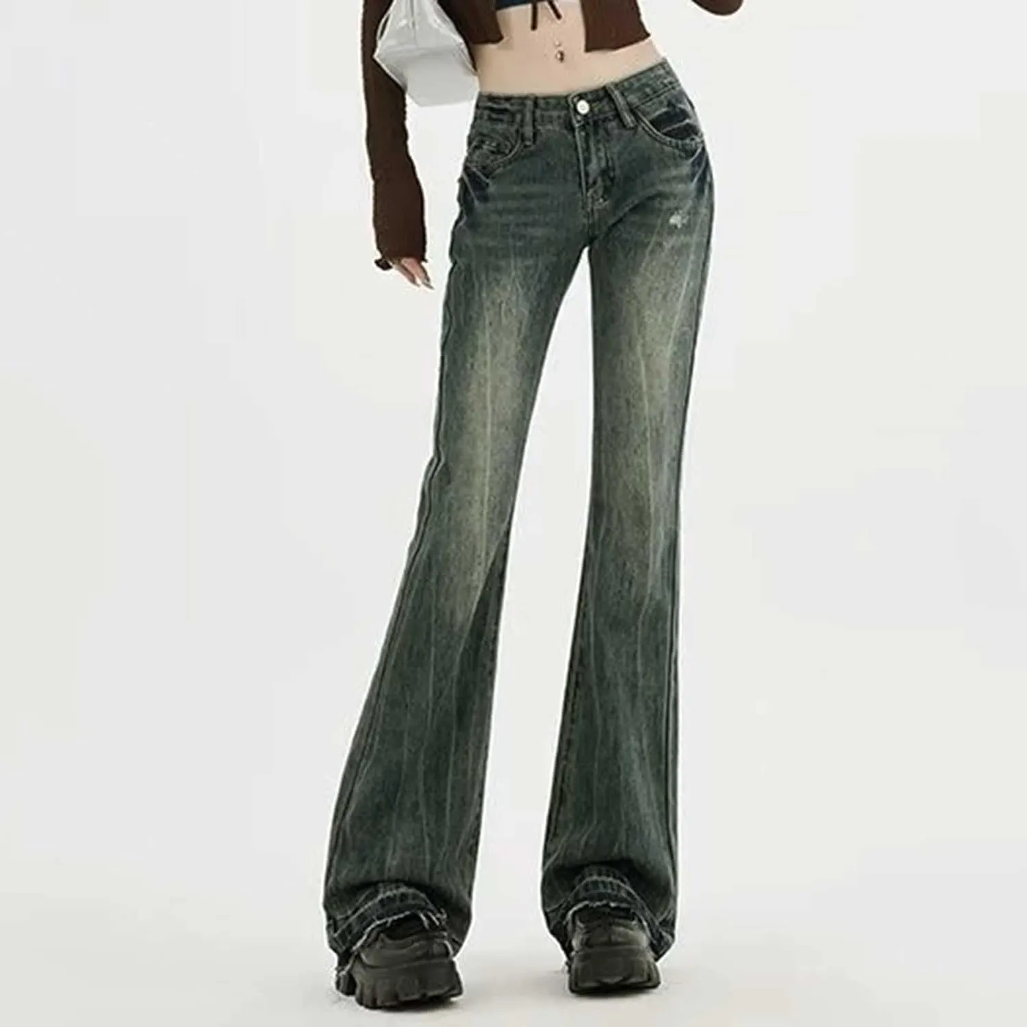 Women's Wide Leg Jeans Casual High Waisted Trendy Straight Leg Stretch Cropped Trousers Y2k Denim Pants with Pockets