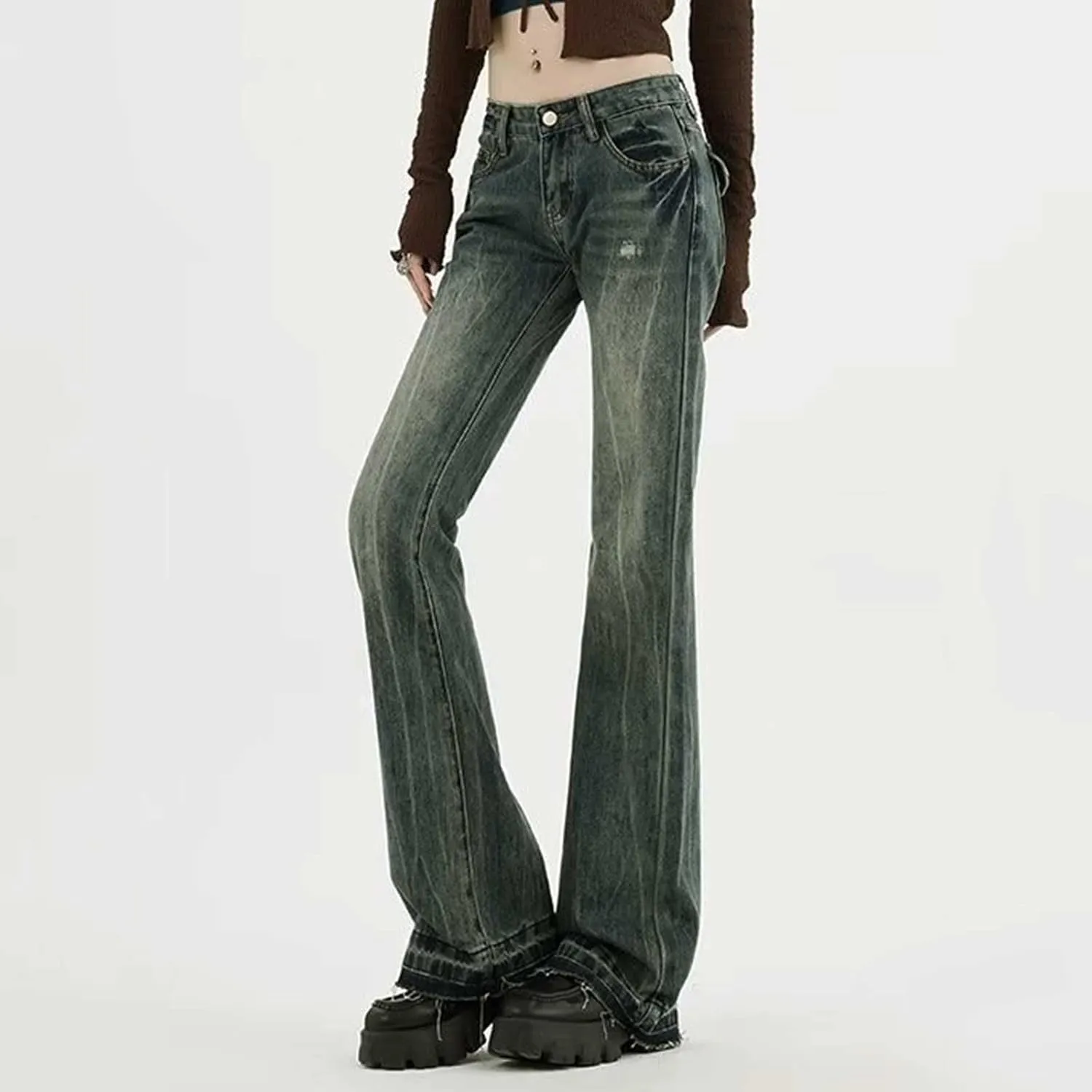 Women's Wide Leg Jeans Casual High Waisted Trendy Straight Leg Stretch Cropped Trousers Y2k Denim Pants with Pockets