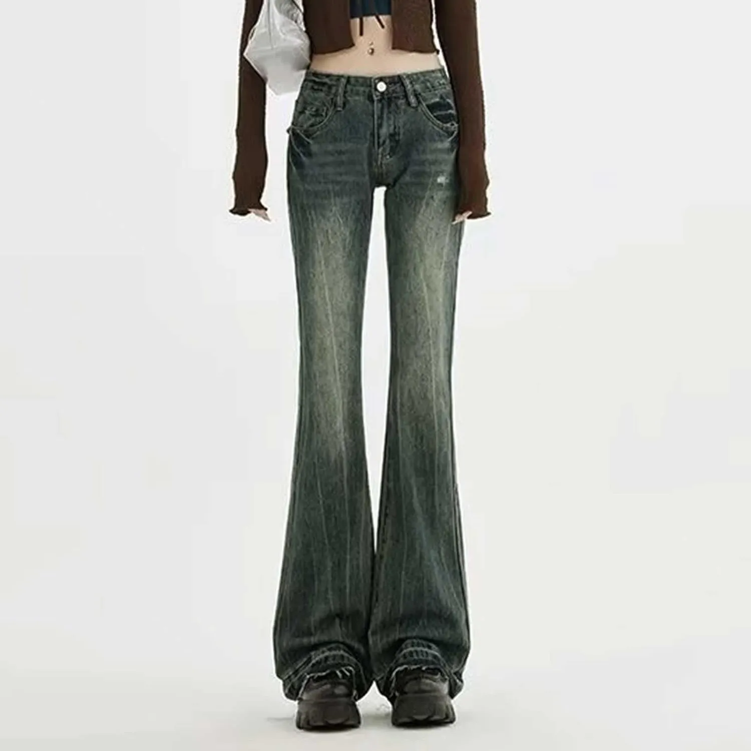 Women's Wide Leg Jeans Casual High Waisted Trendy Straight Leg Stretch Cropped Trousers Y2k Denim Pants with Pockets