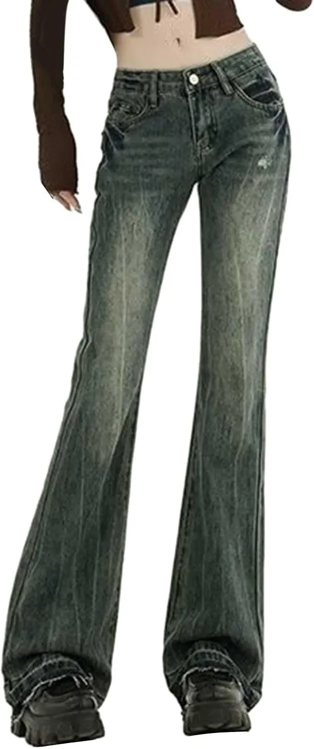 Women's Wide Leg Jeans Casual High Waisted Trendy Straight Leg Stretch Cropped Trousers Y2k Denim Pants with Pockets
