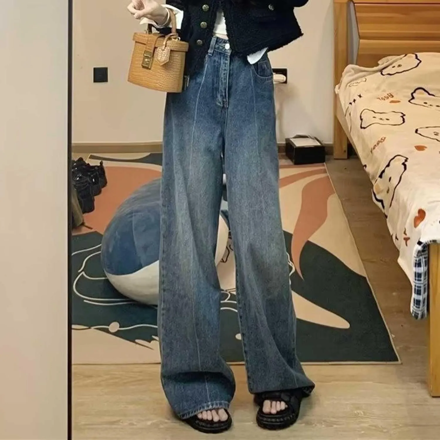 Women's Wide Leg Jeans Casual High Waisted Trendy Straight Leg Stretch Cropped Trousers Y2k Denim Pants with Pockets