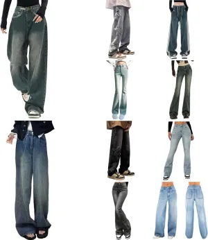 Women's Wide Leg Jeans Casual High Waisted Trendy Straight Leg Stretch Cropped Trousers Y2k Denim Pants with Pockets