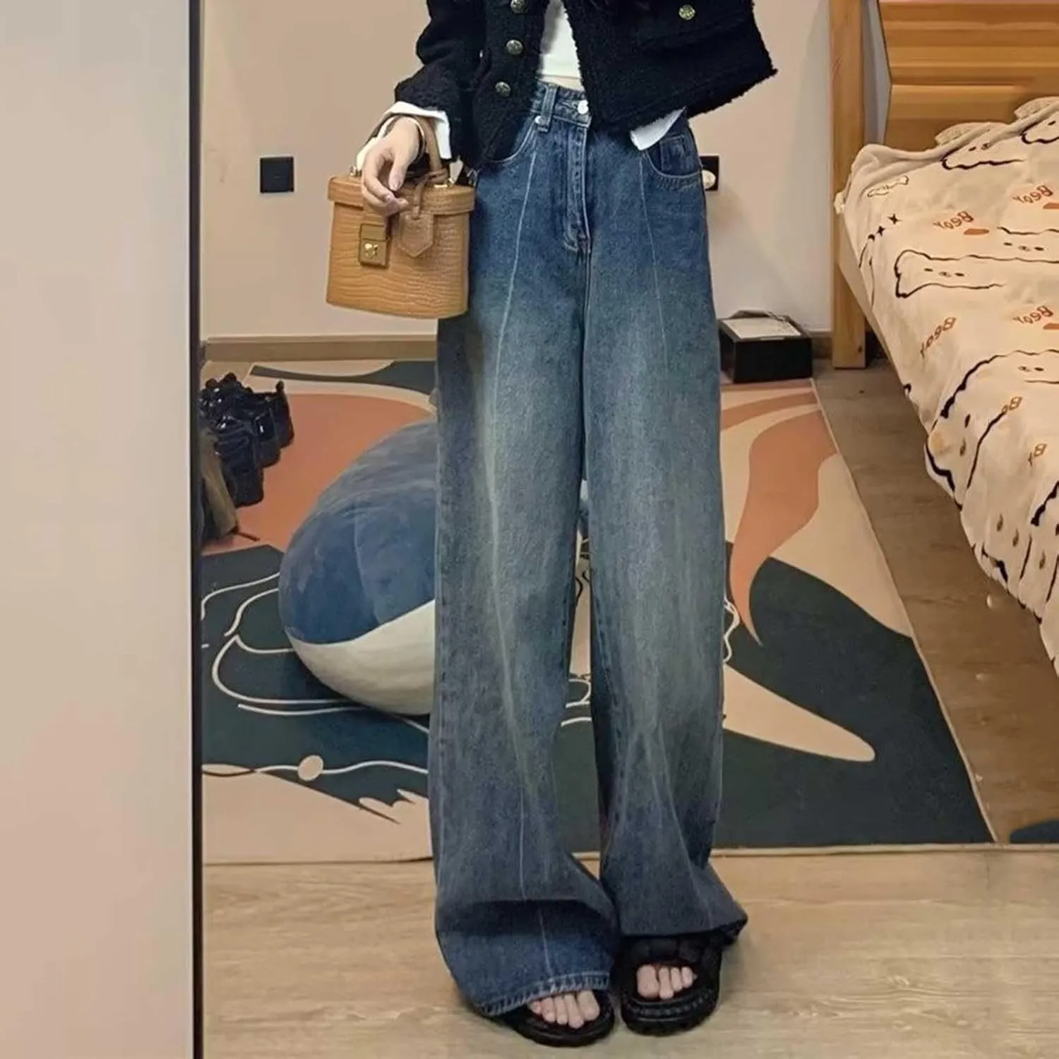 Women's Wide Leg Jeans Casual High Waisted Trendy Straight Leg Stretch Cropped Trousers Y2k Denim Pants with Pockets