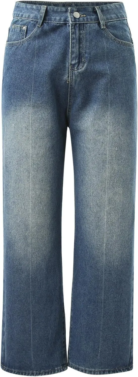 Women's Wide Leg Jeans Casual High Waisted Trendy Straight Leg Stretch Cropped Trousers Y2k Denim Pants with Pockets