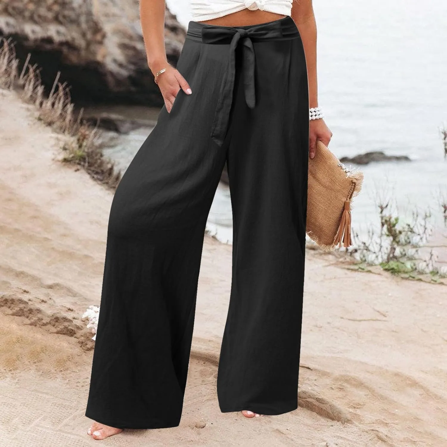 Women's Wide Leg Pants Winter Casual Vacation Leggings with Pockets Water Resistant Flare Leggings