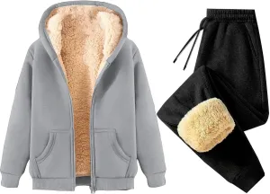 Womens Winter Tracksuits Fleece Sherpa Lined Zip Up Hoodies Thick Warm Lamb Woolen Jogger Pants Sweatsuit