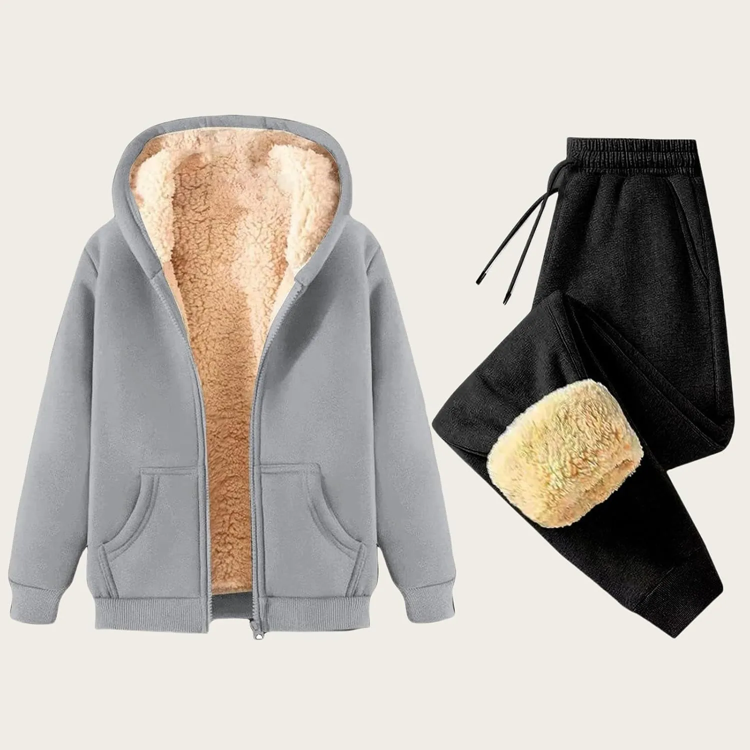 Womens Winter Tracksuits Fleece Sherpa Lined Zip Up Hoodies Thick Warm Lamb Woolen Jogger Pants Sweatsuit
