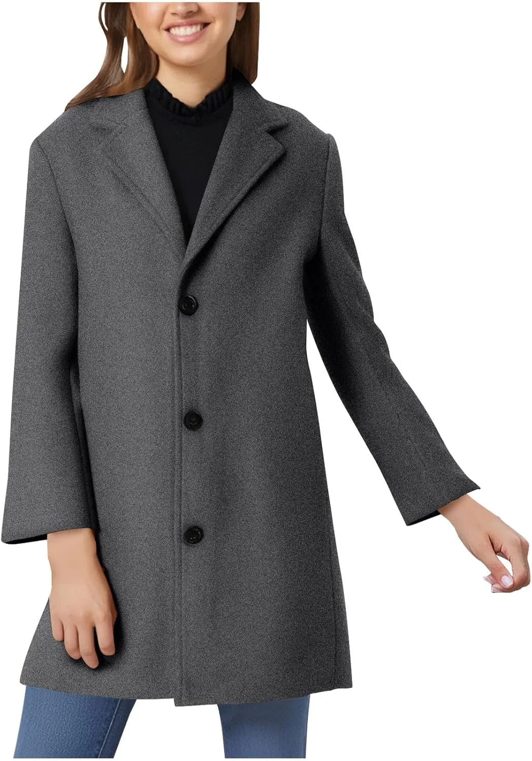 Women's Winter Wool Blend Pea Coat Single Breasted Casual Trench Coats Overcoat Long Elegant Coats Slim Fit Jackets