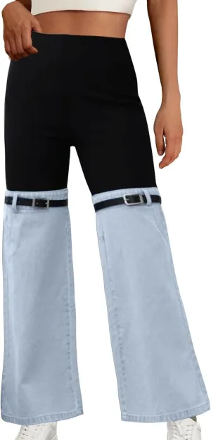 Womens Y2K High Waisted Bell Bottom Jeans Denim Patchwork Flare Jean Pants with Wide Leg Stretch Slim Fit Denim Pant
