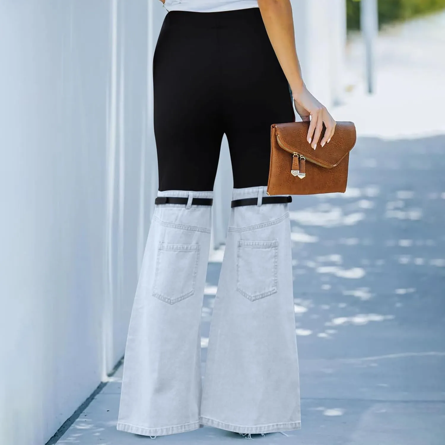 Womens Y2K High Waisted Bell Bottom Jeans Denim Patchwork Flare Jean Pants with Wide Leg Stretch Slim Fit Denim Pant