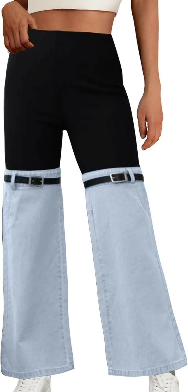 Womens Y2K High Waisted Bell Bottom Jeans Denim Patchwork Flare Jean Pants with Wide Leg Stretch Slim Fit Denim Pant