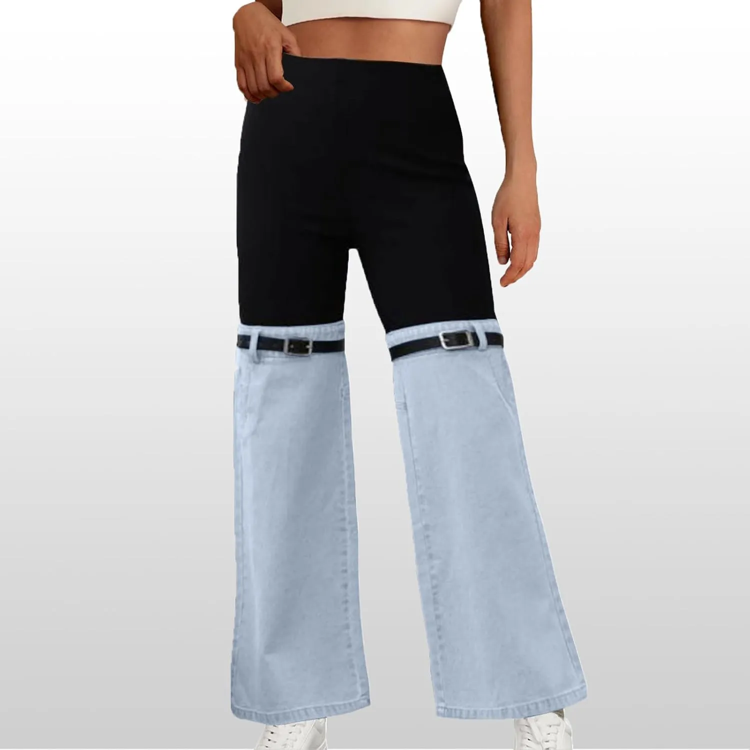 Womens Y2K High Waisted Bell Bottom Jeans Denim Patchwork Flare Jean Pants with Wide Leg Stretch Slim Fit Denim Pant