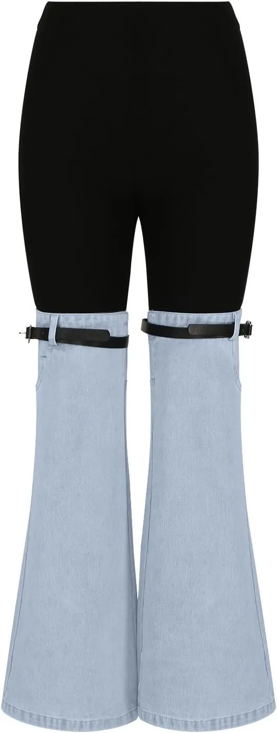 Womens Y2K High Waisted Bell Bottom Jeans Denim Patchwork Flare Jean Pants with Wide Leg Stretch Slim Fit Denim Pant
