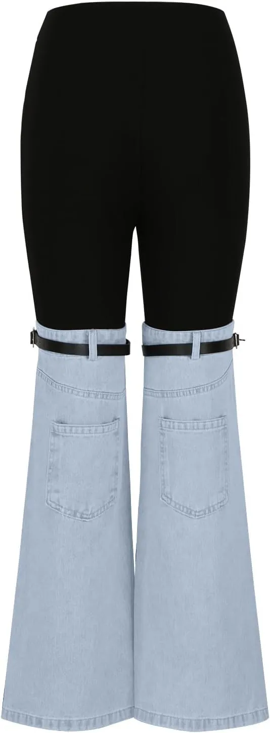 Womens Y2K High Waisted Bell Bottom Jeans Denim Patchwork Flare Jean Pants with Wide Leg Stretch Slim Fit Denim Pant