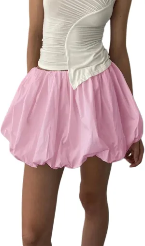 Y2K Mini Bubble Skirt for Women Pleated Ruffle Hem Short Skirt Retro Puffy A Line Balloon Skirt Streetwear