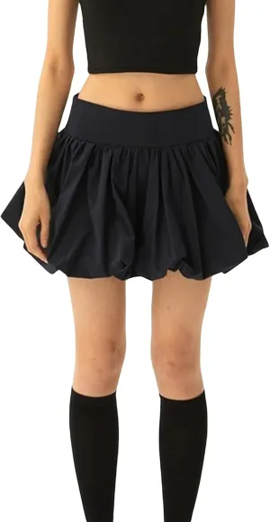 Y2K Mini Bubble Skirt for Women Pleated Ruffle Hem Short Skirt Retro Puffy A Line Balloon Skirt Streetwear