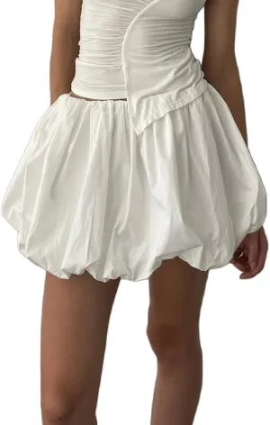 Y2K Mini Bubble Skirt for Women Pleated Ruffle Hem Short Skirt Retro Puffy A Line Balloon Skirt Streetwear