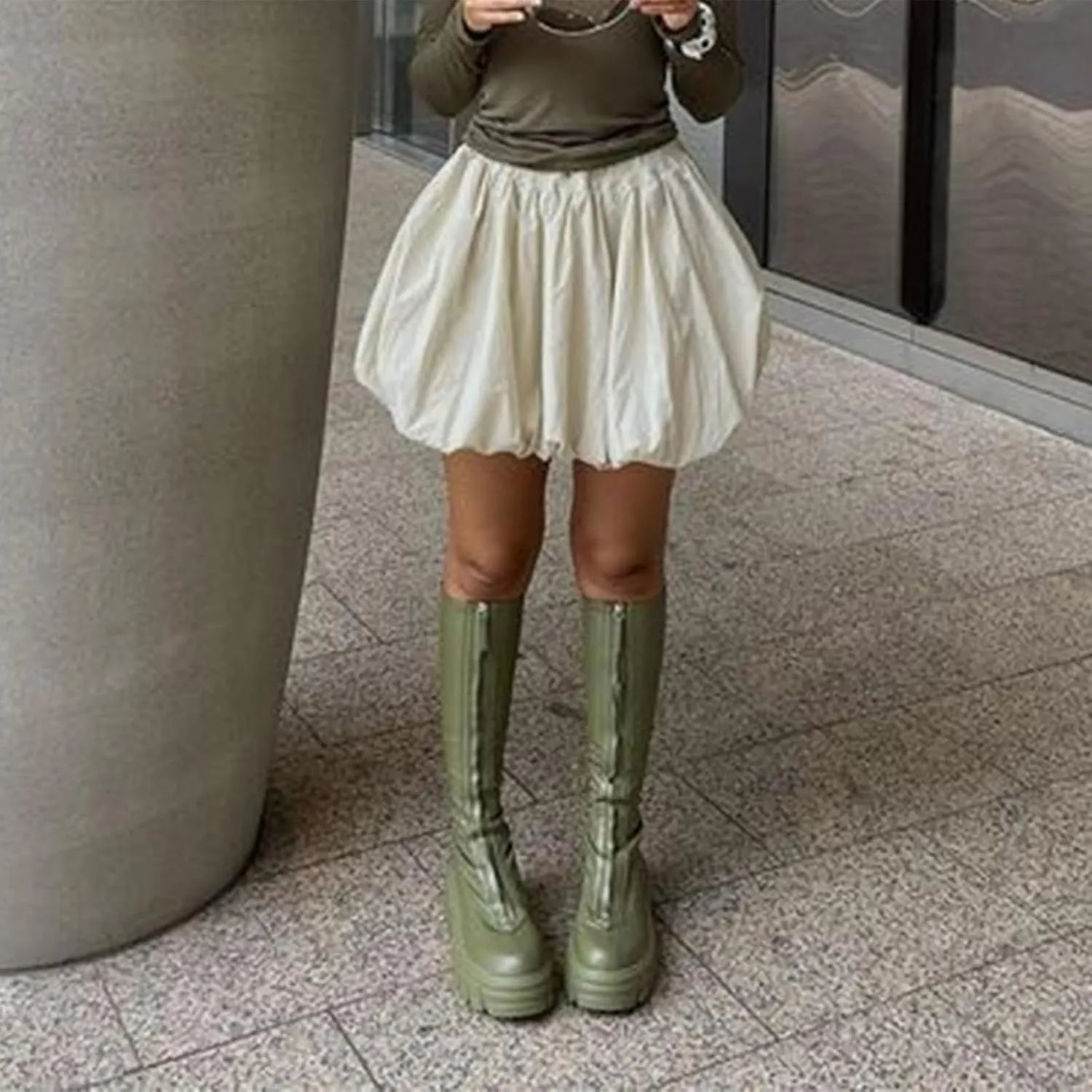 Y2K Mini Bubble Skirt for Women Pleated Ruffle Hem Short Skirt Retro Puffy A Line Balloon Skirt Streetwear