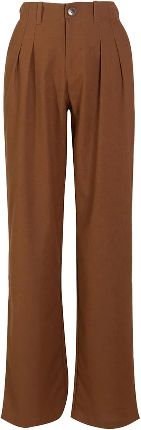 YOLAI Women Casual Solid Color Pants Summer Breathable Straight Leg Pants Flowy Business Work Trousers with Pockets