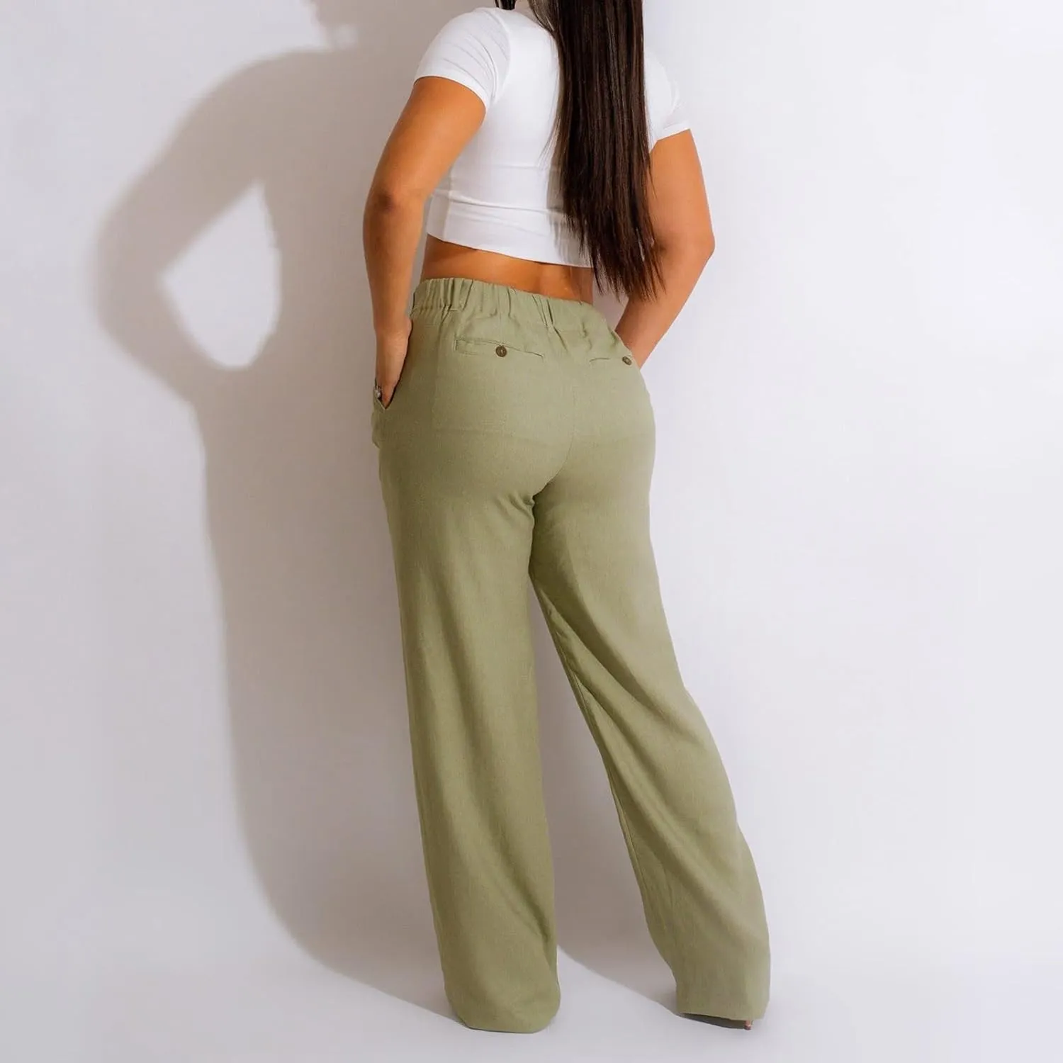 YOLAI Women Casual Solid Color Pants Summer Breathable Straight Leg Pants Flowy Business Work Trousers with Pockets