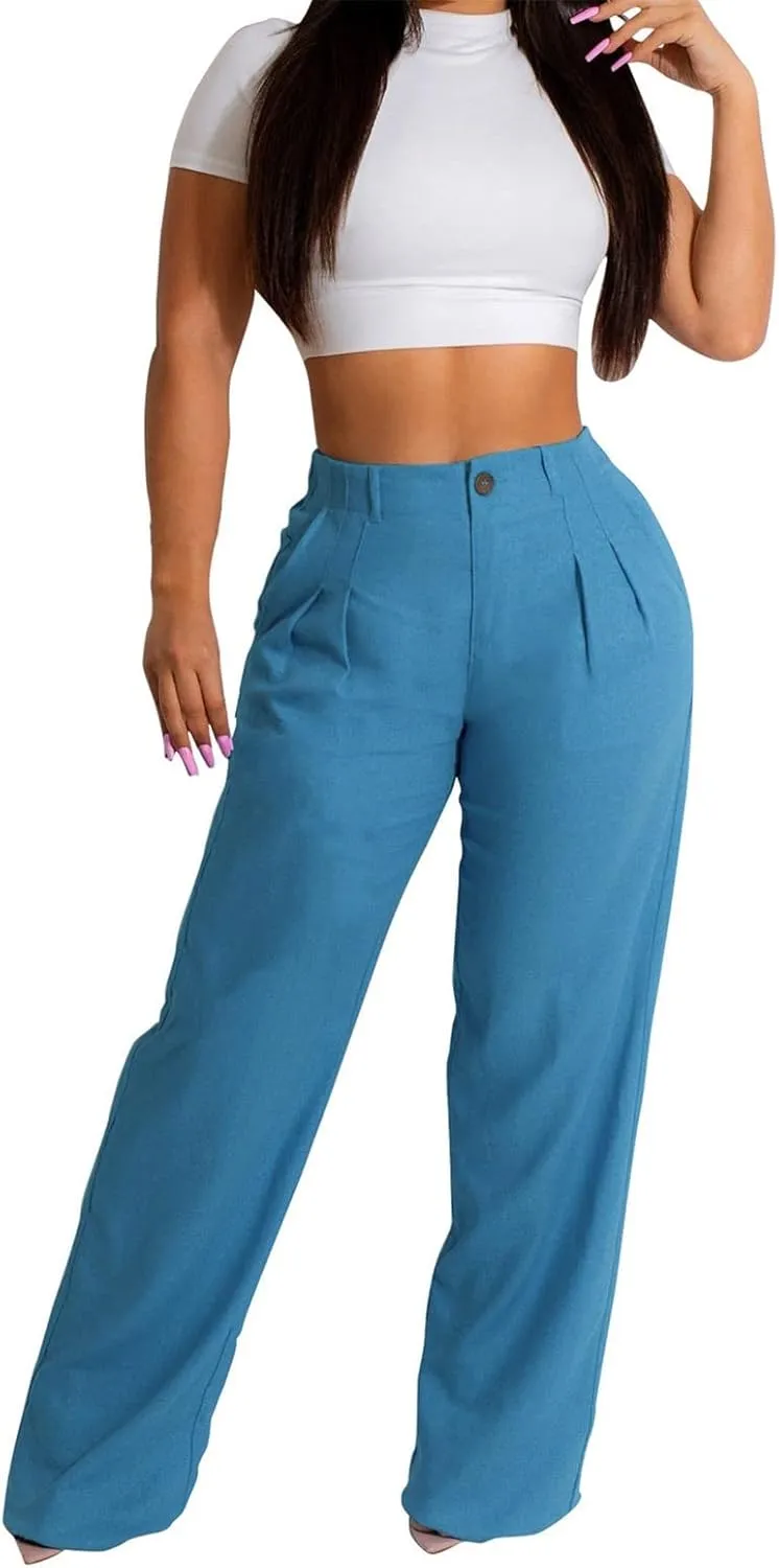 YOLAI Women Casual Solid Color Pants Summer Breathable Straight Leg Pants Flowy Business Work Trousers with Pockets