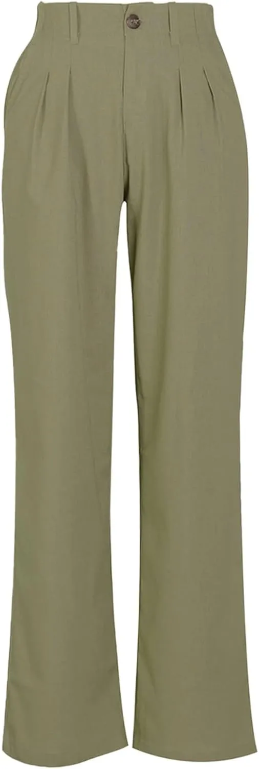 YOLAI Women Casual Solid Color Pants Summer Breathable Straight Leg Pants Flowy Business Work Trousers with Pockets