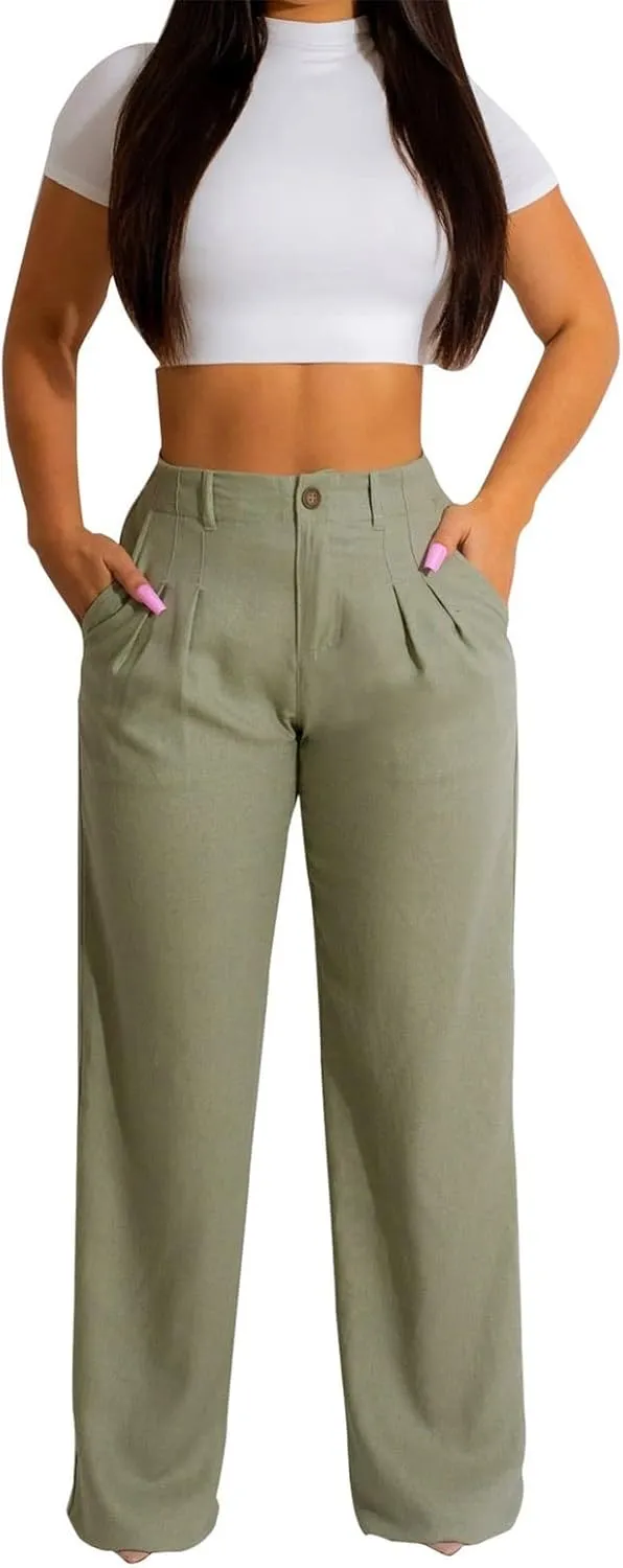 YOLAI Women Casual Solid Color Pants Summer Breathable Straight Leg Pants Flowy Business Work Trousers with Pockets