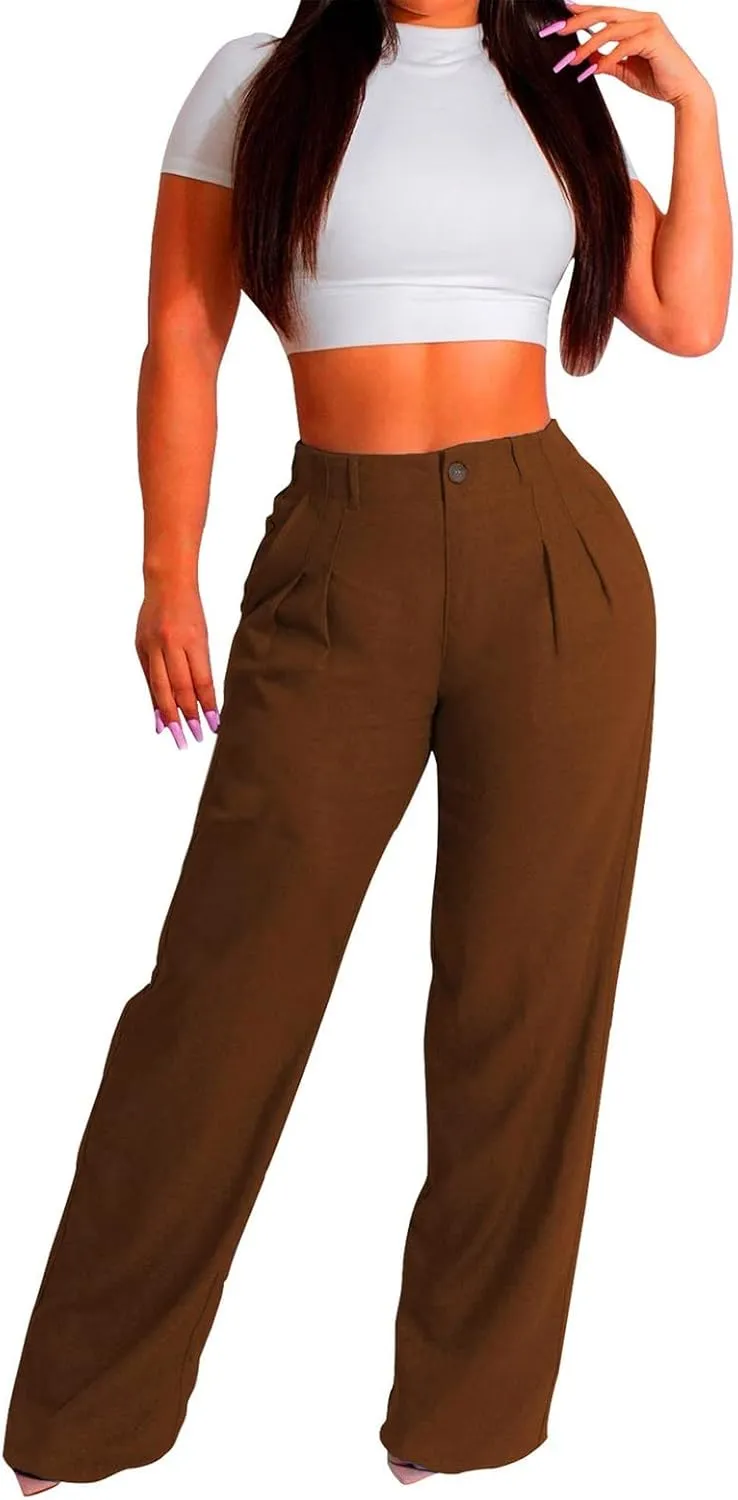 YOLAI Women Casual Solid Color Pants Summer Breathable Straight Leg Pants Flowy Business Work Trousers with Pockets